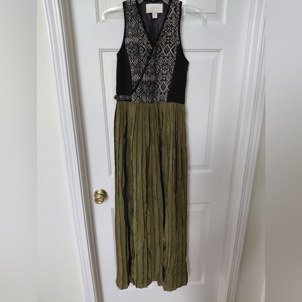 Morgan Carper Black Dress with Silk Olive Patterned Side Panels